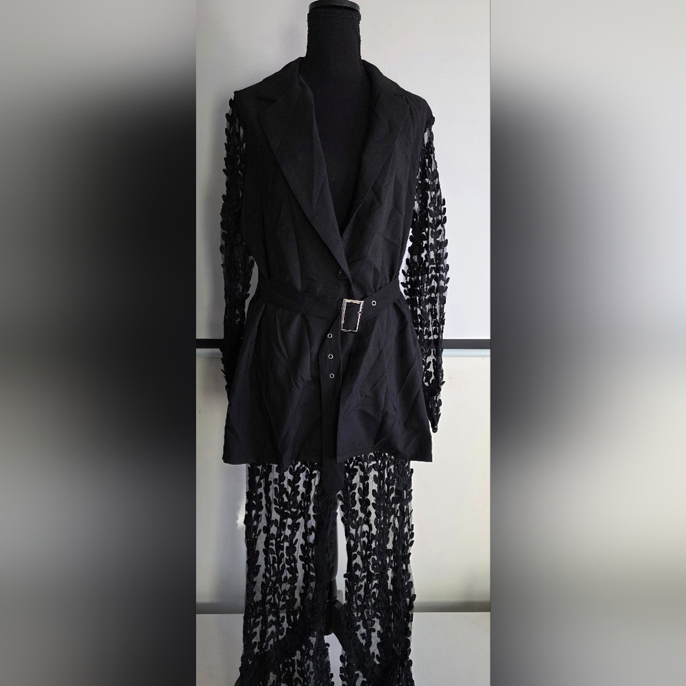 Black Textured Blazer With See- Thru Lace Arms  and Pants Set